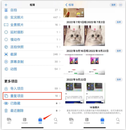 江汉苹果手机维修分享iOS 16 中相册重复项目功能使用方法 